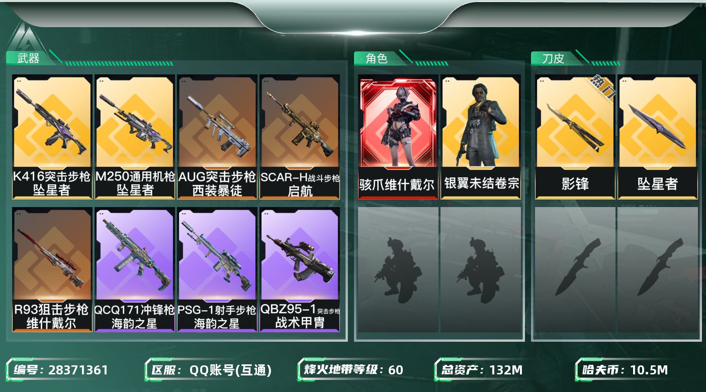 三角洲行动账号QQ[28371361]【终身售后 找回包赔】QQ包人脸，【烽火等级】：60，【总资产】：132M，【烽