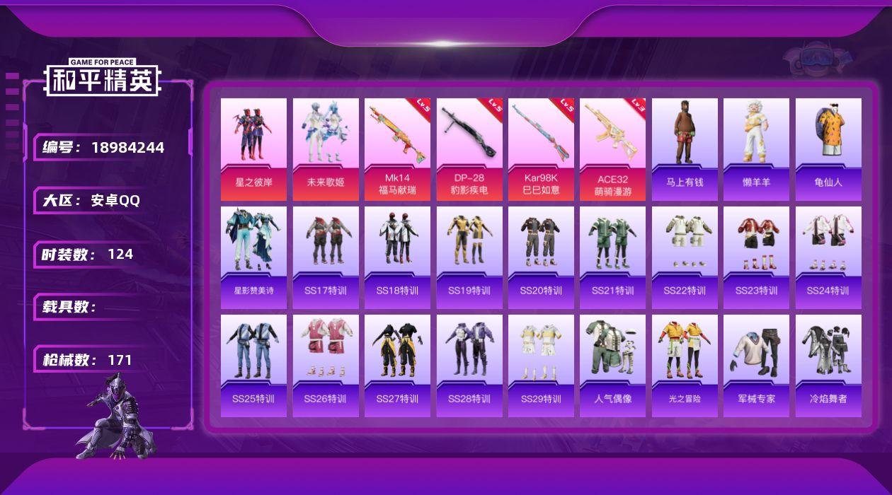 和平精英账号安卓QQ[18984244]安卓 手Q-2粉装-4特效枪-0载具-1粉色飞行器-45439热力值-4王牌印记-124套装-171枪皮
【热门品类】：套装-龟仙人
【粉色套装】：粉装-星之彼岸，粉装-未来歌姬
