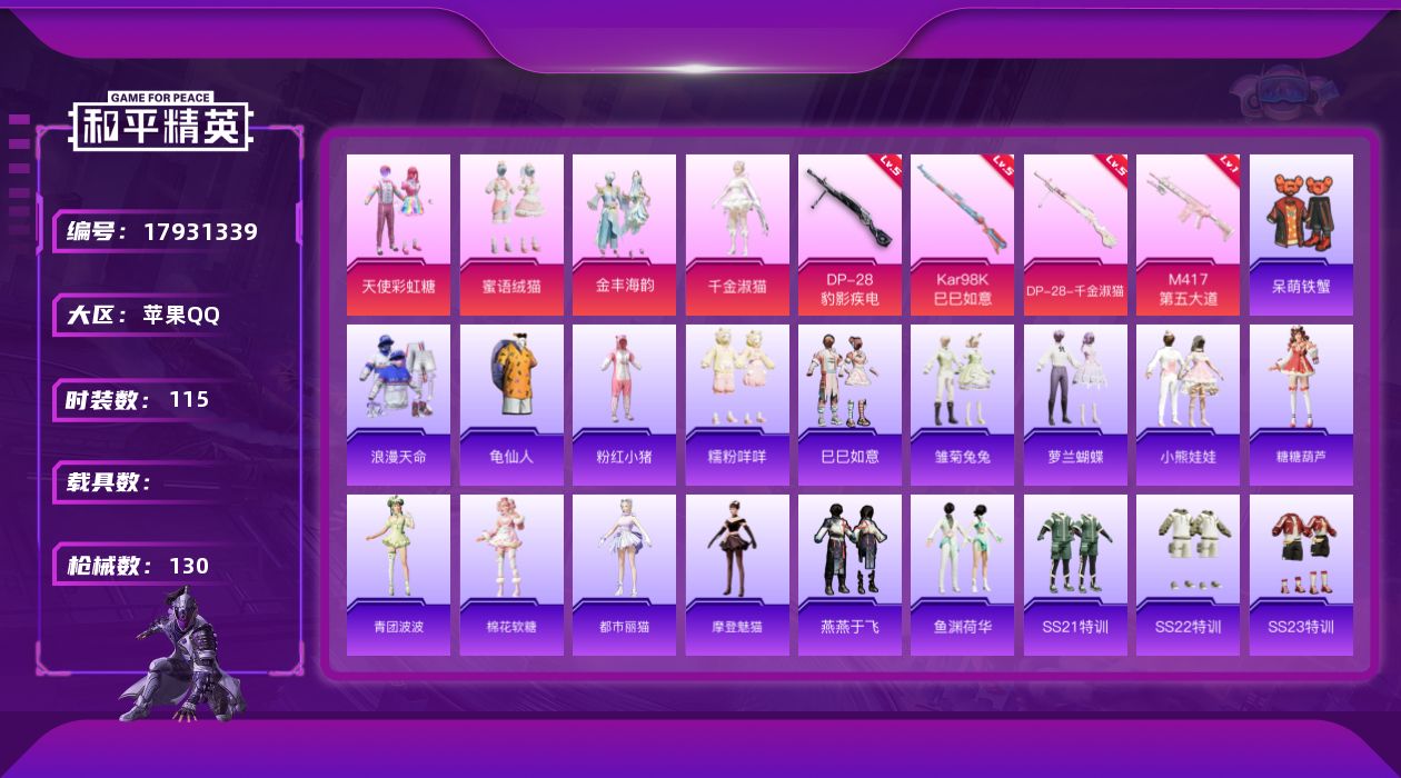 和平精英账号苹果QQ[17931339]苹果 手Q-4粉装-6特效枪-0载具-0粉色飞行器-41221热力值-6王牌印记-115套装-130枪皮
【热门品类】：套装-浪漫天命，套装-龟仙人，套装-粉红小猪，套装-糯粉咩咩