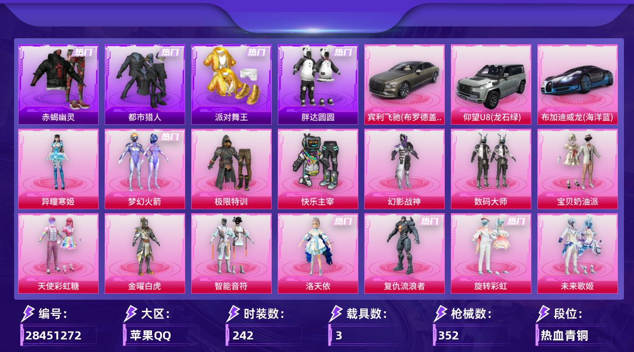 [28451272]苹果手Q-历史最高段位：传奇王牌20星-16粉装-17特效枪-3载具-10粉色飞行器-116148热力值-16王牌印记-242套装-352枪皮
【热门品类】：粉装-梦幻火箭，套装-浪漫天命，套装-赤蝎幽灵，套装-都市猎人，套装-派对舞王，套装-小丑鱼，角色-军刀雅典娜，套装-胖达圆圆，套装-忍者信条，套装-AG战队服，套装-暗夜之虎，套装-龟仙人，套装-暗影哥特，套装-红红火火，套装-糯粉咩咩，角色-Mark.06
【粉色套装】：粉装-极限特训，粉装-快乐主宰，粉装-幻影战神，粉装-数码大师，粉装-宝贝奶油派，粉装-天使彩虹糖，粉装-金曜白虎，粉装-梦幻火箭，粉装-智能音符，角色-洛天依，角色-复仇流浪者，粉装-旋转彩虹，粉装-未来歌姬，粉装-蜜语绒猫，角色-千金淑猫，角色-异瞳寒姬
【粉色枪皮等级】：AKM-甜心宝贝(七级)，SCAR-L-青春物语(五级)，M416-五爪金龙(一级)，M416-暖熊萌萌(七级)，GROZA-旋转彩虹(六级)，UMP45-萌骑冒险(四级)，Vector-环太平洋(五级)，汤姆逊-玉魄流云(四级)，Kar98K-未来歌姬(二级)，Kar98K-巳巳如意(五级)，M24-镜域双华(三级)，Mk14-福马献瑞(三级)，AA12-G-其乐融融(五级)，DP-28-豹影疾电(五级)，PKM-江南烟雨(五级)，平底锅-仲夏莫吉托(五级)，破片手榴弹-瓶中星球(七级)
【粉色载具】：宾利飞驰（布罗德盖棕双色），仰望U8（龙石绿），布加迪威龙（海洋蓝），僚机-萌兔起飞
【粉色枪皮】：AKM-甜心宝贝，SCAR-L-青春物语，M416-五爪金龙，M416-暖熊萌萌，GROZA-旋转彩虹，UMP45-萌骑冒险，Vector-环太平洋，汤姆逊-玉魄流云，Kar98K-未来歌姬，Kar98K-巳巳如意，M24-镜域双华，Mk14-福马献瑞，AA12-G-其乐融融，DP-28-豹影疾电，PKM-江南烟雨，平底锅-仲夏莫吉托，破片手榴弹-瓶中星球
【粉色飞行器】：炫彩糖果飞行器，梦幻火箭飞行器，千面幻镜飞行器，黄族统领飞行器，萌物绒绒飞行器，沙丘之主天马，繁龙极客飞行器，镜域双华-灵镜之阶，曦光华影飞行器，幽焰列车飞行器
【粉色降落伞】：极限特训降落伞，快乐主宰降落伞，幻影战神降落伞，未来战士降落伞，甜心宝贝降落伞，春暖花开降落伞，梦幻火箭降落伞，阿狸红降落