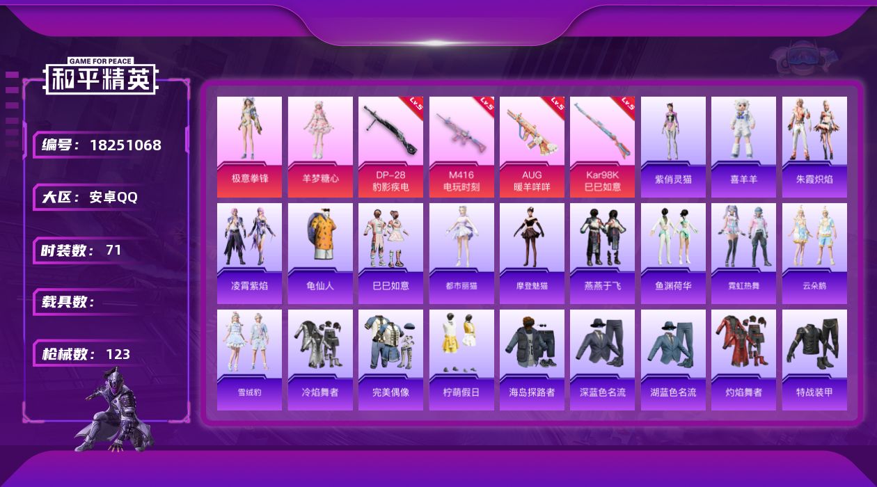 和平精英账号安卓QQ[18251068]安卓 手Q-2粉装-5特效枪-0载具-1粉色飞行器-29262热力值-1王牌印记-71套装-123枪皮
【热门品类】：套装-龟仙人
【粉色套装】：角色-羊梦糖心，粉装-极意拳锋
【