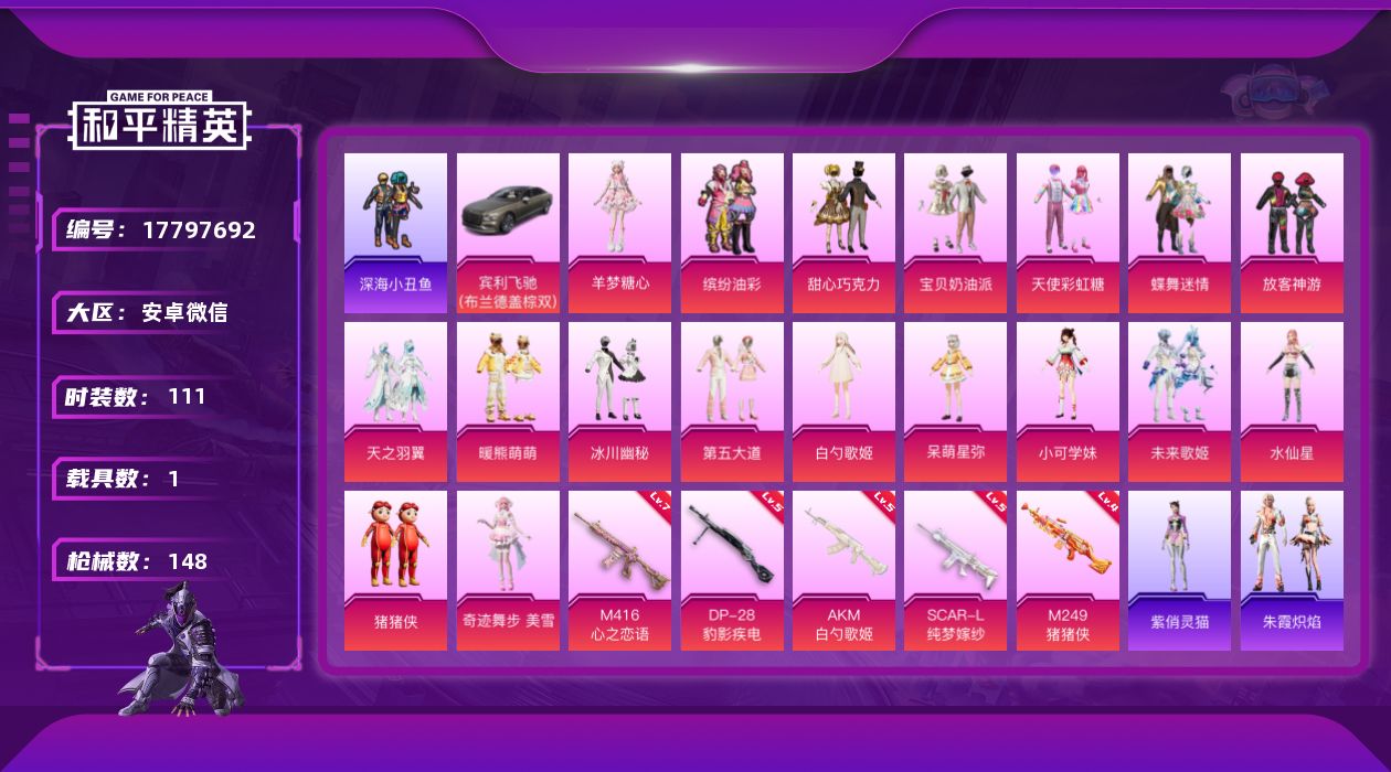 和平精英账号安卓微信[17797692]实名: 可修改 时装数: 111 载具数: 1 枪械数: 148 战备数: 10