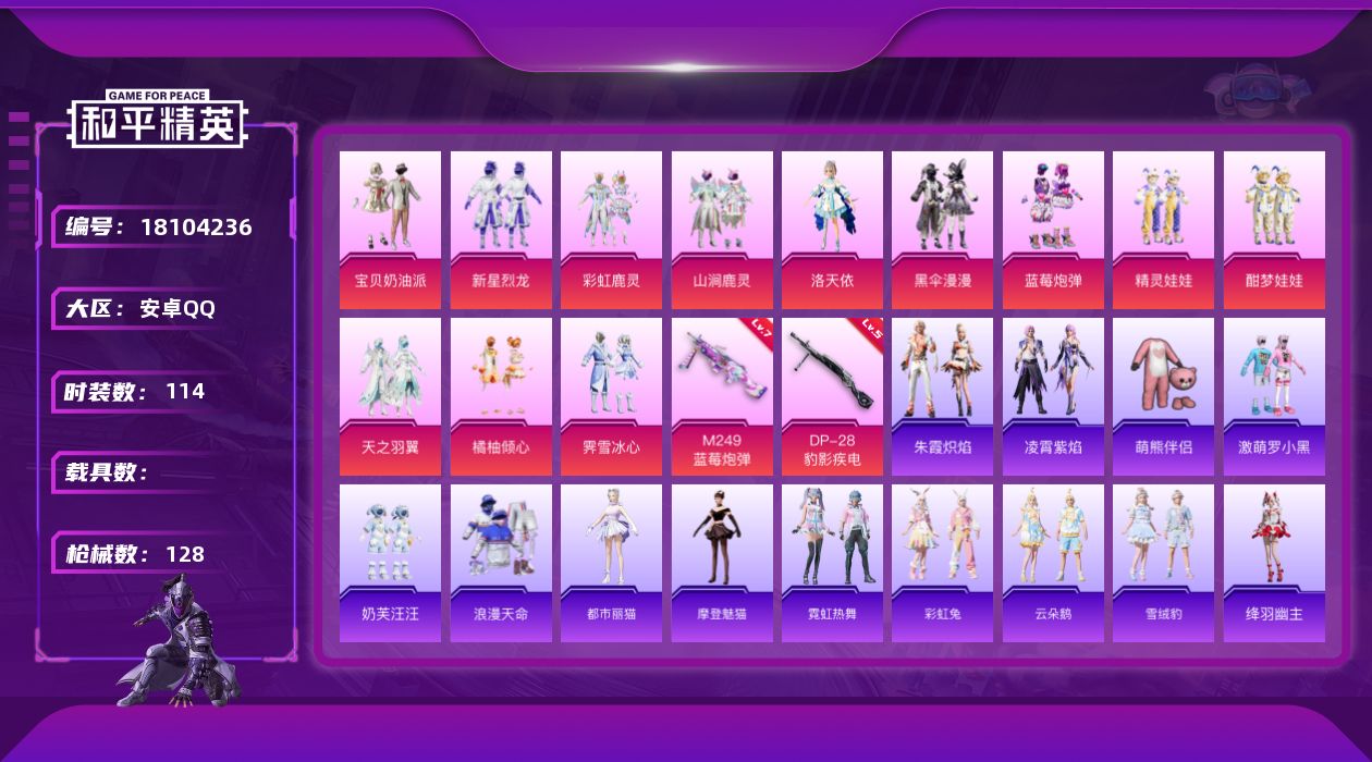 和平精英账号安卓QQ[18104236]安卓 手Q-12粉装-4特效枪-0载具-3粉色飞行器-46079热力值-8王牌印记-114套装-128枪皮【热门品类】：套装-浪漫天命，套装-萌熊伴侣【粉色套装】：粉装-宝贝奶油派