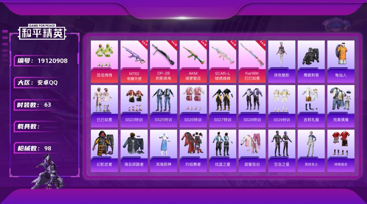 和平精英账号安卓QQ[19120908]安卓手Q-1粉装-5特效枪-2粉色飞行器-29781热力值-1王牌印记-63套装-98枪皮
【热门品类】：套装-龟仙人
【粉色套装】：粉装-恐龙拽拽
【粉色枪皮等级】：AKM-绿萝