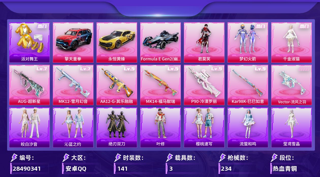 [28490341]安卓手Q-历史最高段位：卓越王牌10星-3粉装-7特效枪-3载具-3粉色飞行器-69454热力值-9王牌印记-141套装-234枪皮
【热门品类】：粉装-梦幻火箭，套装-派对舞王，套装-金羽特工，套装-龟仙人，套装-粉红小猪
【粉色套装】：粉装-梦幻火箭，角色-千金淑猫，角色-君莫笑
【粉色枪皮等级】：AUG-超新星(七级)，Vector-流风之羽(五级)，P90-冷漠罗丽(五级)，Kar98K-巳巳如意(五级)，Mk14-福马献瑞(五级)，MK12-雪月幻音(七级)，AA12-G-其乐融融(五级)
【粉色载具】：擎天重拳，永恒黄蜂，Formula E Gen2（幽光蓝）
【粉色枪皮】：AUG-超新星，Vector-流风之羽，P90-冷漠罗丽，Kar98K-巳巳如意，Mk14-福马献瑞，MK12-雪月幻音，AA12-G-其乐融融
【粉色飞行器】：炫彩糖果飞行器，满月旋律飞行器，梦幻火箭飞行器
【粉色降落伞】：满月旋律降落伞，古堡领主降落伞，碧影闪光降落伞，旋转彩虹降落伞，智耀战神降落伞，炫彩糖果降落伞，诸神·破晓降落伞，神印王座降落伞
【稀有套装】：套装-龟仙人，套装-巳巳如意，套装-雪国风尚，套装-炫彩糖果，套装-马上有钱，套装-迅捷龙虾，套装-遗迹猎人，套装-云宝联名款，套装-其乐融融，套装-恋语绒绒，套装-流萤和鸣，角色-叶修，套装-绝刃双刀，套装-荒原烈焰，套装-冰河战士，套装-燕燕于飞，套装-鱼渊荷华，套装-紫幽梦，套装-蓝冰羽，套装-书海巡游，套装-画境星梦，套装-琴音绮想，套装-雨过天青，套装-红釉青花，角色-莹鸢雪晶，套装-樱桃速写，套装-皎白汐音，套装-沁蓝之约
【稀有枪皮】：AKM-恐龙拽拽，AKM-春暖花开，AKM-生命誓言，AKM-破晓战魂，AKM-缤纷海域，AKM-霓虹街区，AKM-龙的传人，M16A4-幻世战舞者，M16A4-蓝色火焰，SCAR-L-夜灯，SCAR-L-炫彩节奏，SCAR-L-玉兔迎春，SCAR-L-碧影闪光，M416-糯团青竹，M416-红色方程式，M416-蓝色火焰，GROZA-异彩先驱，AUG-甜蜜菠萝，AUG-耀粉歌者，QBZ-彩虹符号，QBZ-未来歌姬，QBZ-飞驰魅影，M762-天降萌叽，M762-瑞龙福将，M762-幻影飞狐，G36C-时空追击者，G36C-暗夜玫瑰，AC-VAL-天降萌叽，AC-VAL-快