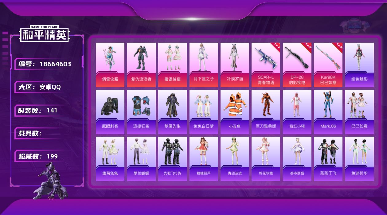 和平精英账号安卓QQ[18664603]安卓 手Q-5粉装-6特效枪-0载具-0粉色飞行器-58515热力值-8王牌印记-141套装-199枪皮
【热门品类】：套装-小丑鱼，角色-军刀雅典娜，套装-粉红小猪，角色-Mar