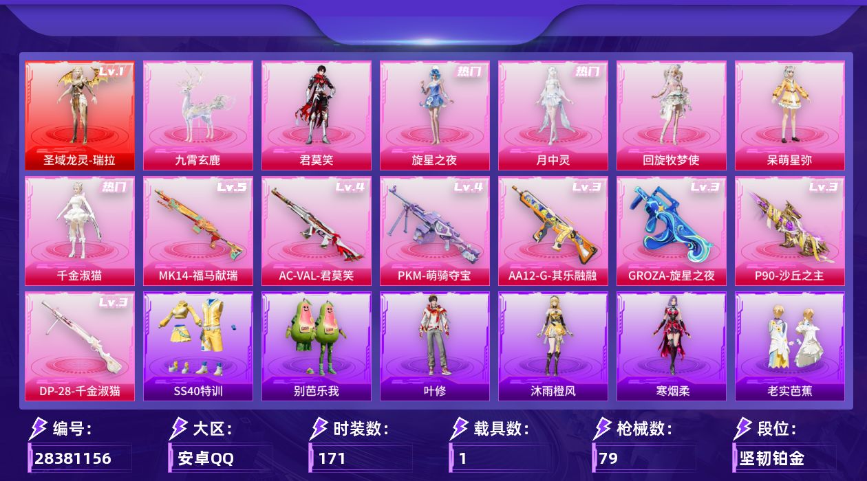 []1红装 6粉装 7特效枪 1载具 4印记 不可二次 不可修改实名 
【一级神装】一级圣域龙灵-瑞拉
【热门装扮】旋星之夜,月中灵,千金淑猫,君莫笑,废,废qi,回旋牧梦使,雨过天青,呆萌星弥
【载具】九霄玄鹿
【稀有枪皮】DP-28-千金淑猫,AA12-G-其乐融融,AC-VAL