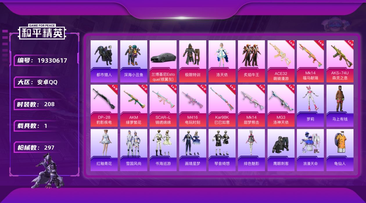 和平精英账号安卓QQ[19330617]安卓 手Q-3粉装-10特效枪-1载具-1粉色飞行器-81794热力值-23王牌印记-208套装-297枪皮
【热门品类】：套装-浪漫天命，套装-都市猎人，套装-深海小丑鱼，套装-