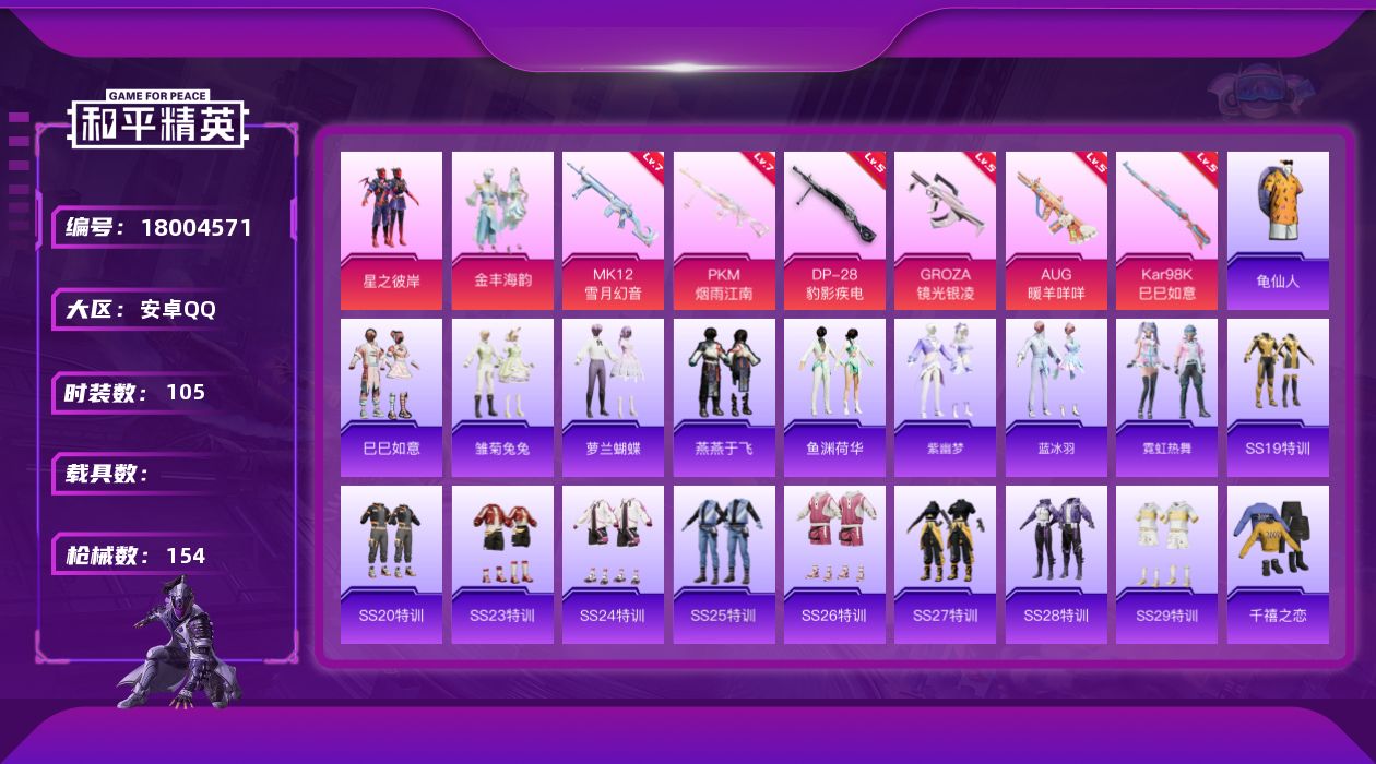 和平精英账号安卓QQ[18004571]【店主推荐捡漏号！可直接换绑】安卓 手Q-2粉装-6特效枪-0载具-2粉色飞行器-44564热力值-6王牌印记-105套装-154枪皮
【热门品类】：套装-龟仙人
【粉色套装】：粉