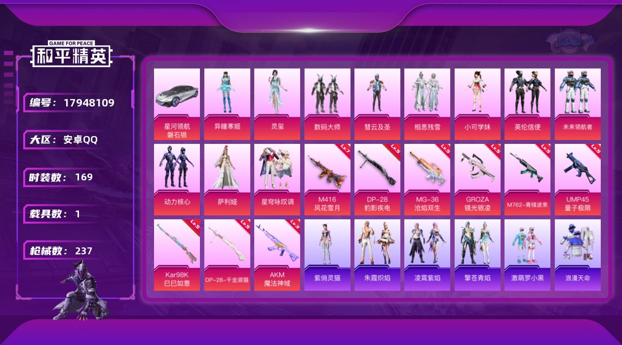 和平精英账号安卓QQ[17948109]安卓 手Q-11粉装-9特效枪-1载具-6粉色飞行器-72797热力值-15王牌印记-169套装-237枪皮
【热门品类】：套装-浪漫天命，套装-暗夜之虎，套装-龟仙人，套装-暗影