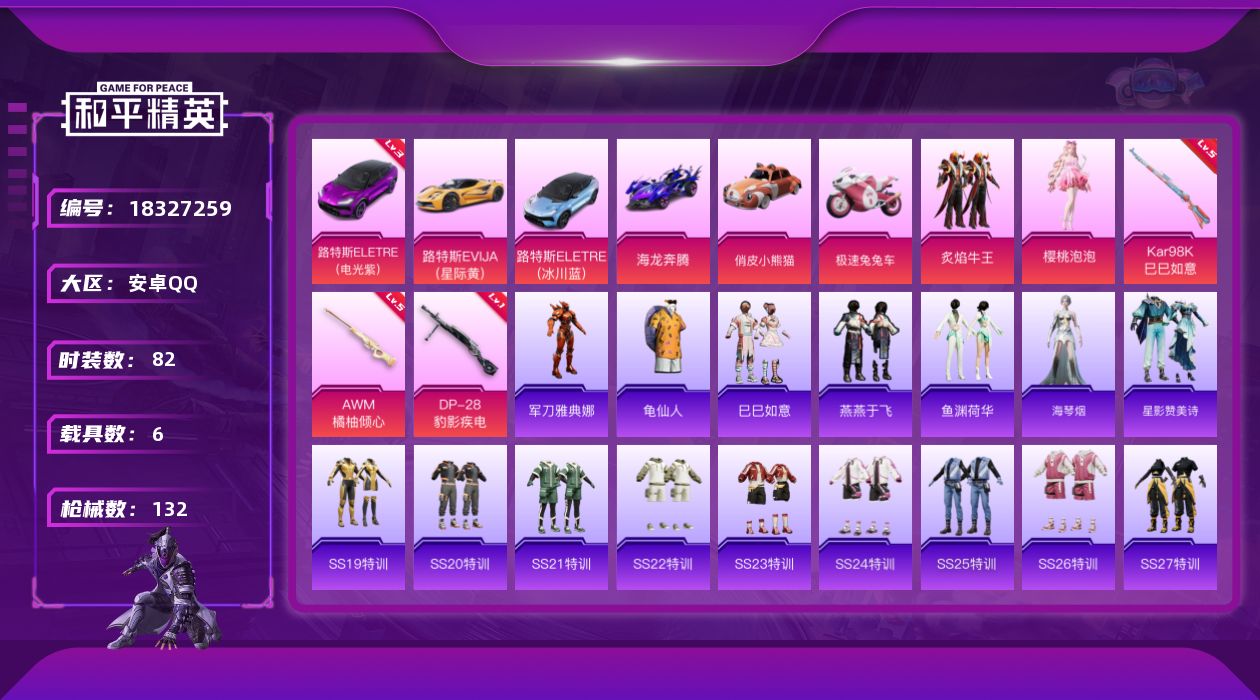 和平精英账号安卓QQ[18327259]安卓 手Q-2粉装-3特效枪-6载具-2粉色飞行器-48243热力值-7王牌印记-82套装-132枪皮
【红色载具】：路特斯ELETRE（电光紫）(三级)
【热门品类】：角色-军刀