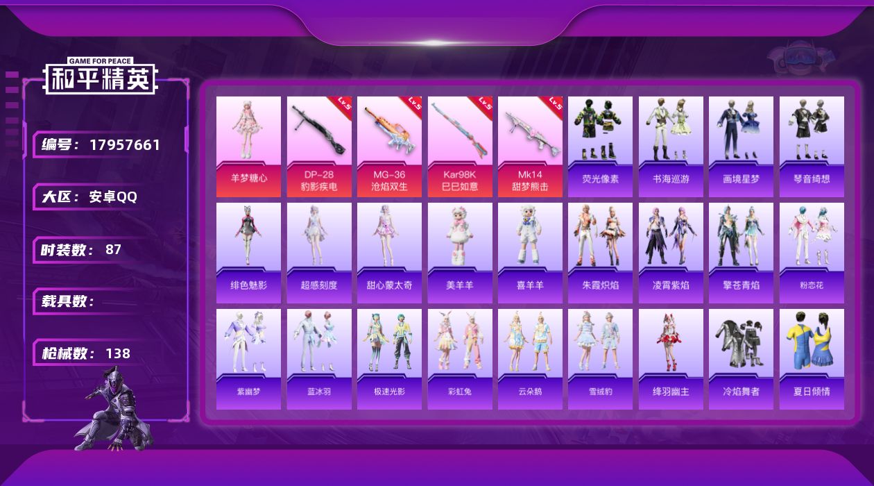 和平精英账号安卓QQ[17957661]安卓 手Q-2粉装-8特效枪-0载具-2粉色飞行器-36071热力值-5王牌印记-87套装-138枪皮
【粉色套装】：角色-羊梦糖心，角色-罪夜之冕
【粉色枪皮等级】：AKS-74