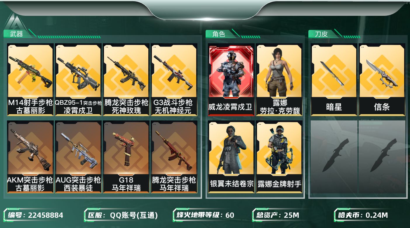 三角洲行动账号QQ【wf1318】wf1318 总资产25.5M 流动13.7M 1红 2刀 5金 凌霄戍卫 飞虎 信