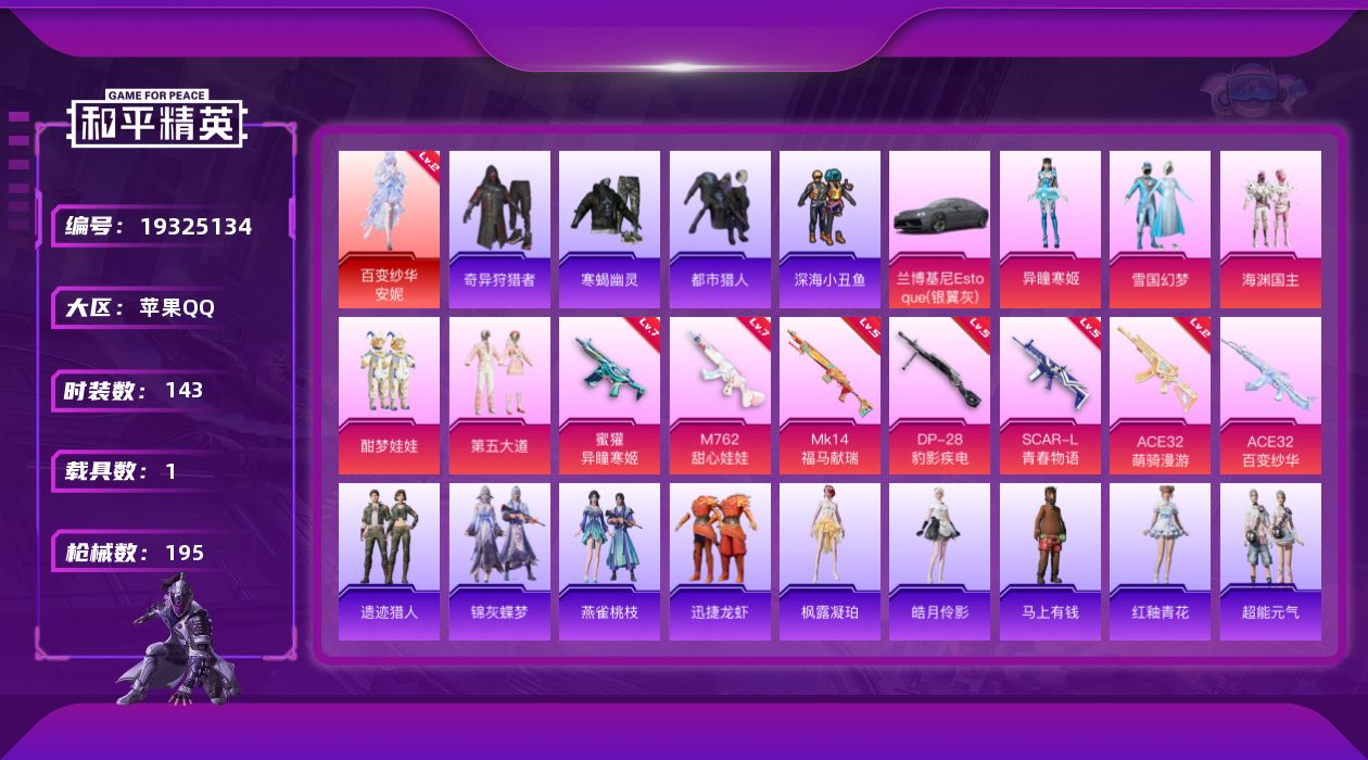 和平精英账号苹果QQ[19325134]143套装/枪械7/装备218/载具1/战备129/王牌印记10/热力值65885/五级SCAR-L-青春物语/七级M762-甜心娃娃/七级蜜獾-异瞳寒姬/二级ACE32-萌骑漫游