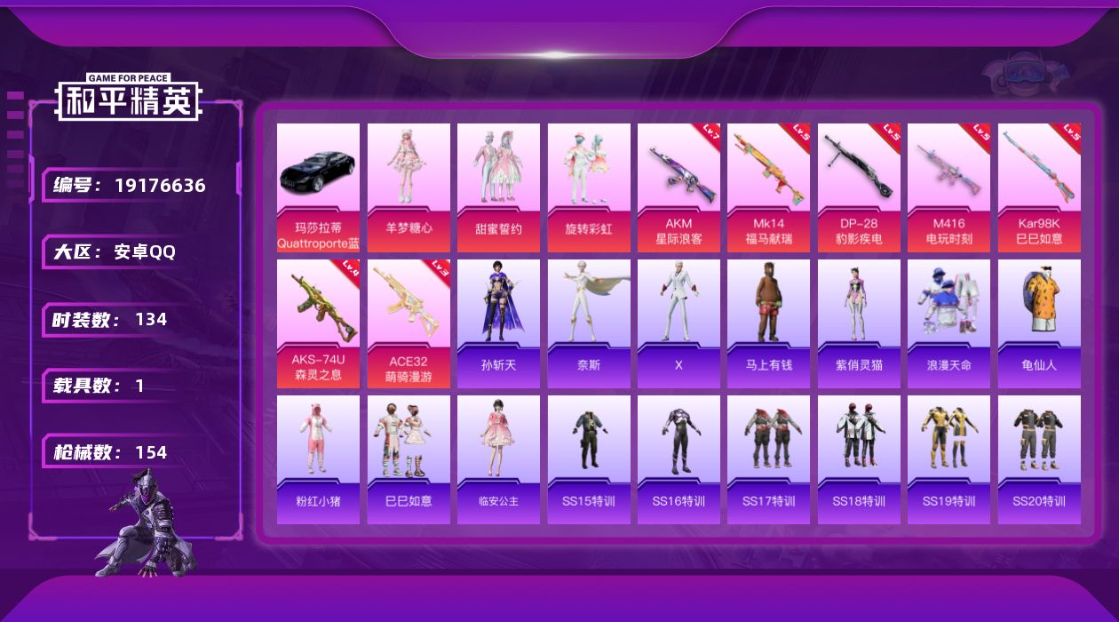 和平精英账号安卓QQ[19176636]安卓 手Q-3粉装-7特效枪-1载具-1粉色飞行器-48979热力值-7王牌印记-134套装-154枪皮
【热门品类】：套装-浪漫天命，套装-龟仙人，套装-粉红小猪
【粉色套装】：