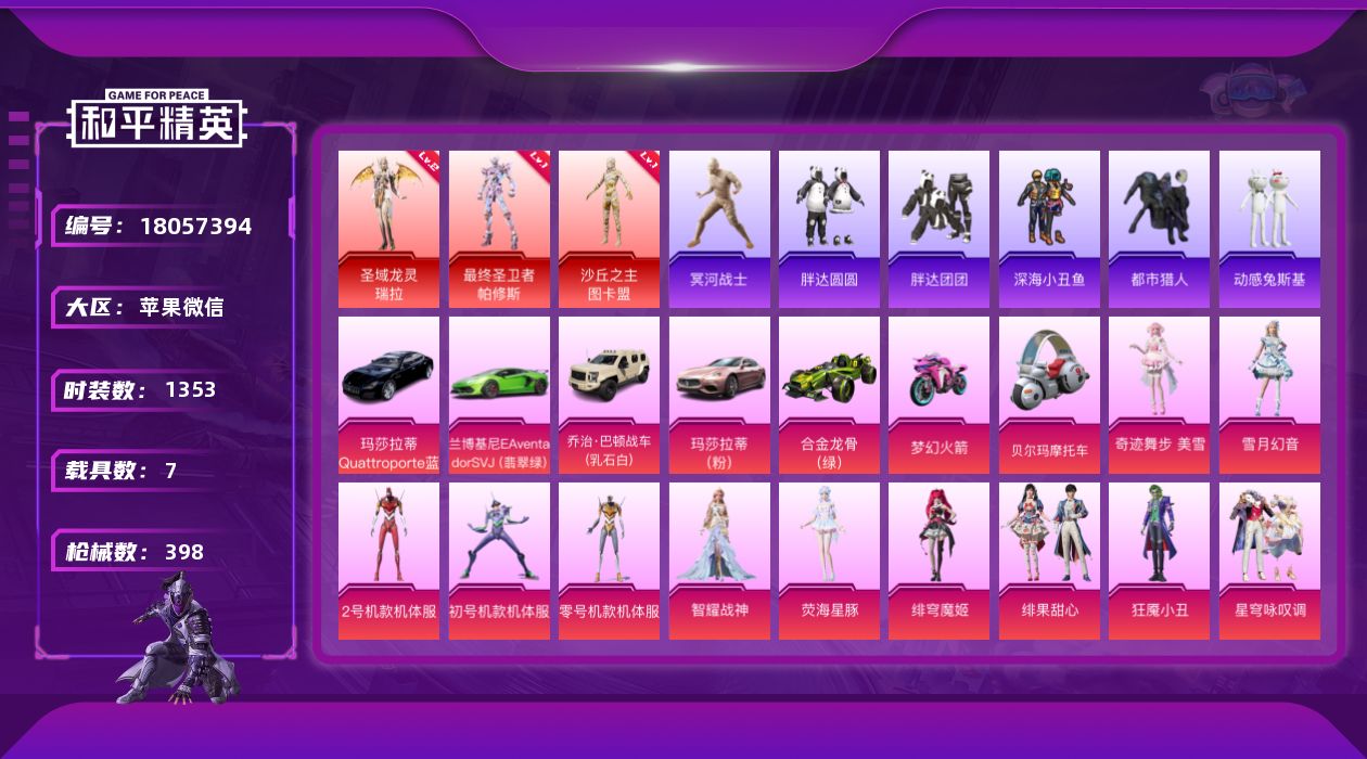 和平精英账号苹果微信7载具-370套装-398枪皮-图卡盟 瑞拉 帕修斯 木乃伊 都市 三色螳螂 三姐妹 小番茄 猪妹 