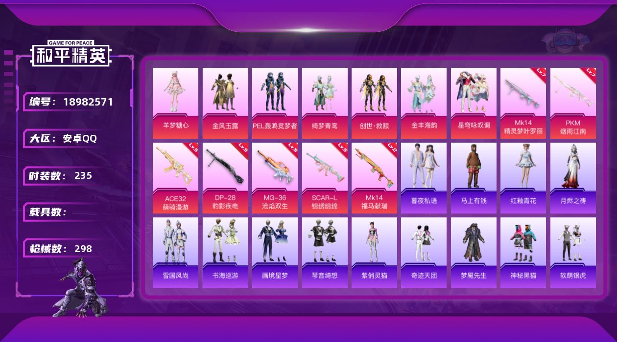 和平精英账号安卓QQ[18982571]安卓 手Q-7粉装-7特效枪-0载具-2粉色飞行器-90136热力值-10王牌印记-235套装-298枪皮
【热门品类】：套装-龟仙人，套装-粉红小猪
【粉色套装】：粉装-金风玉露