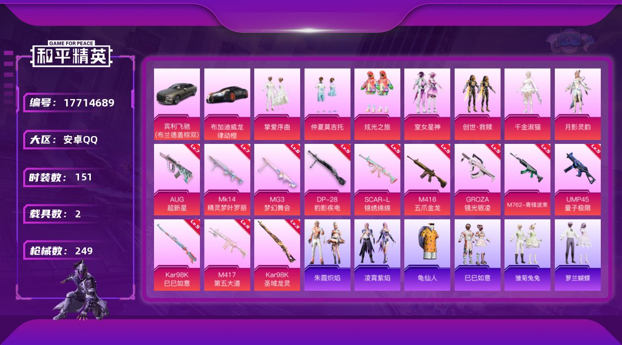 和平精英账号安卓QQ[17714689]安卓 手Q-7粉装-14特效枪-2载具-3粉色飞行器-80184热力值-12王牌印记-151套装-249枪皮
【热门品类】：套装-龟仙人
【粉色套装】：粉装-挚爱序曲，粉装-仲夏莫