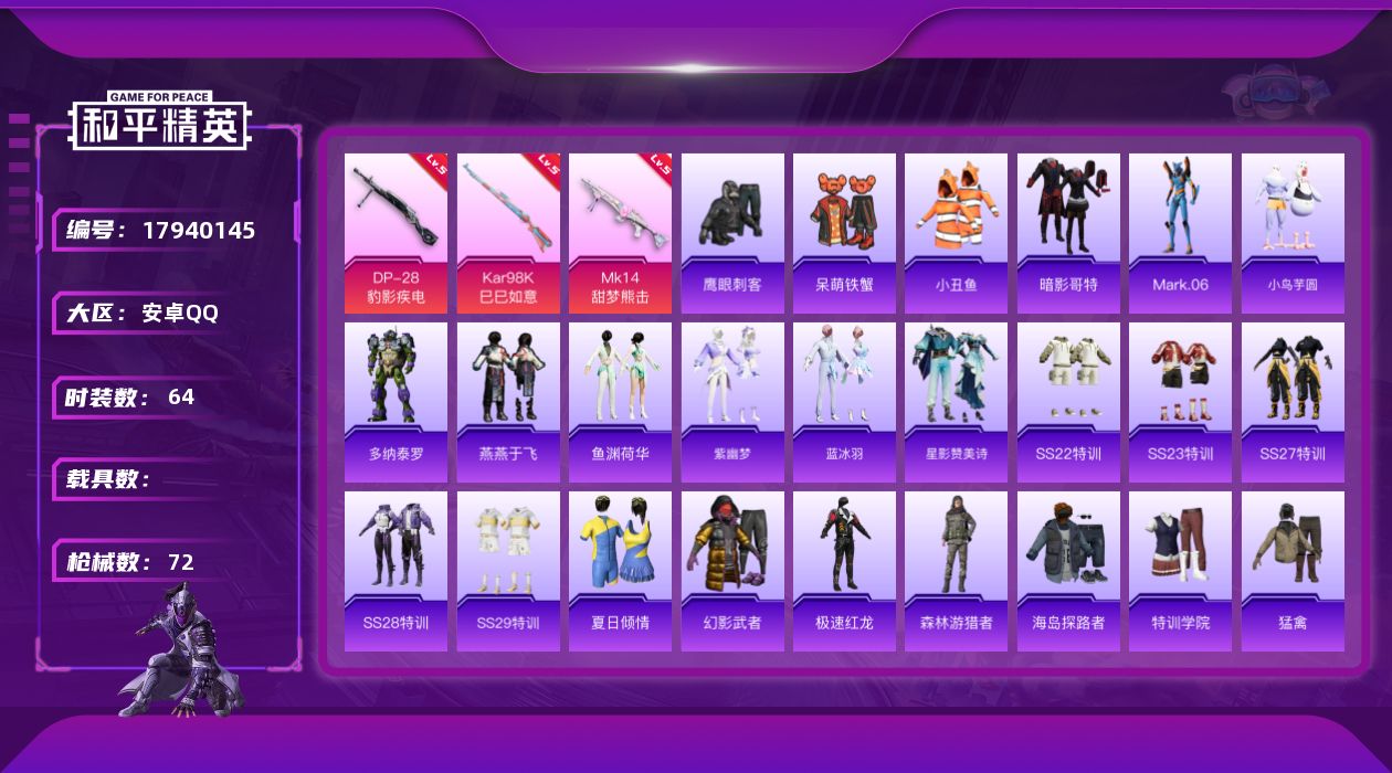 和平精英账号安卓QQ[17940145]安卓 手Q-0粉装-5特效枪-0载具-0粉色飞行器-20546热力值-3王牌印记-64套装-72枪皮
【热门品类】：套装-小丑鱼，套装-暗影哥特，角色-Mark.06
【粉色枪皮等