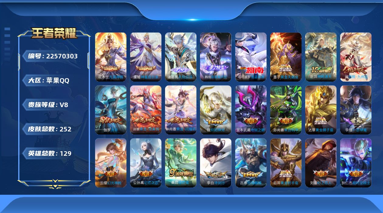 王者荣耀账号苹果QQ贵族8 荣耀典藏2 无双2 珍品传说1 传说皮肤22 史诗皮肤80 皮肤数量252 皮肤价值:216400 英雄129 尊贵铂金II 总场次5360