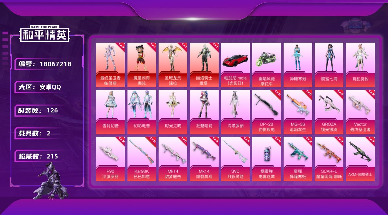 和平精英账号安卓QQDAS9868可二次 安卓Q-4红装2载具9粉装23特效枪1热门126套装215枪皮 83587热力