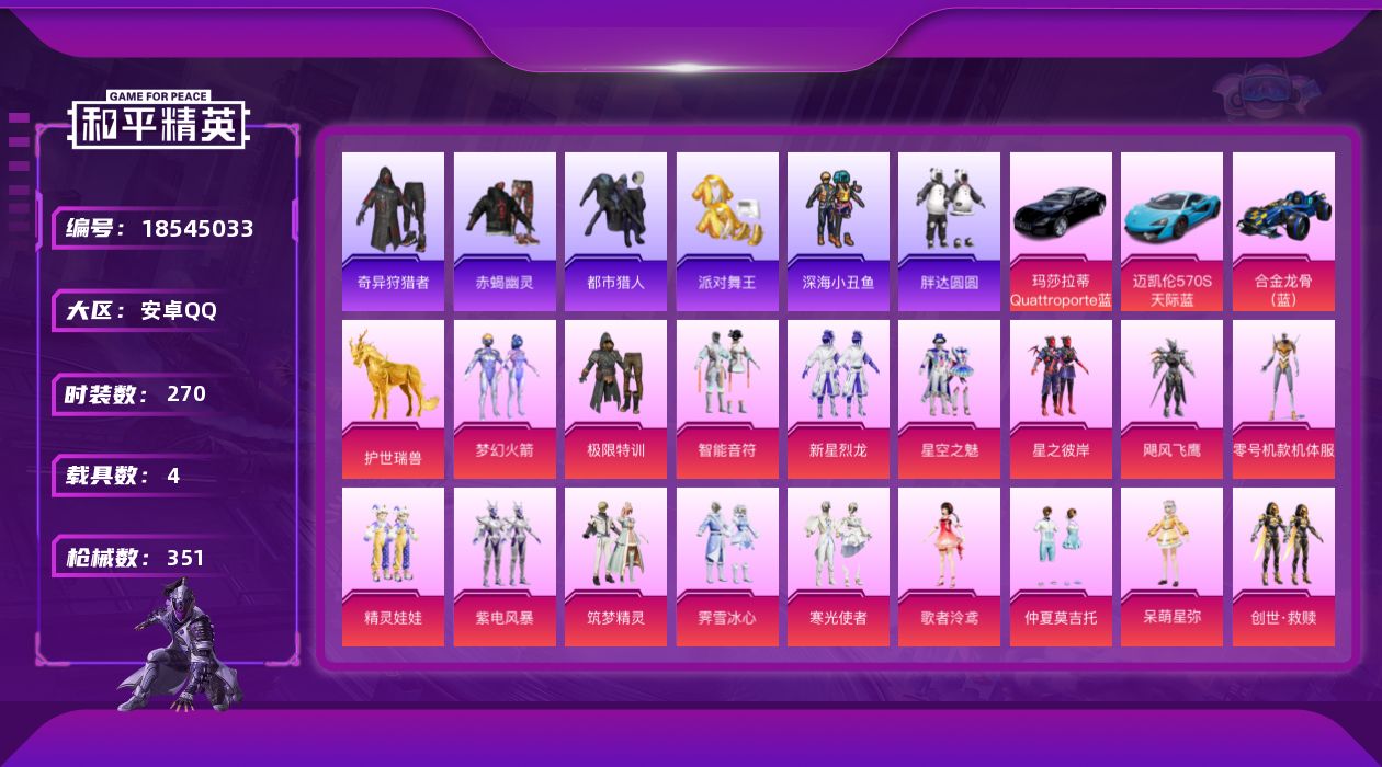 和平精英账号安卓QQ[18545033]"DAS12042 包人脸 安卓Q-6稀有5载具17粉装9特效枪32热门267套装338枪皮 113917热力值 16印记 历史传奇王牌20星 奇异狩猎者 赤蝎幽灵 都市猎人 浪漫