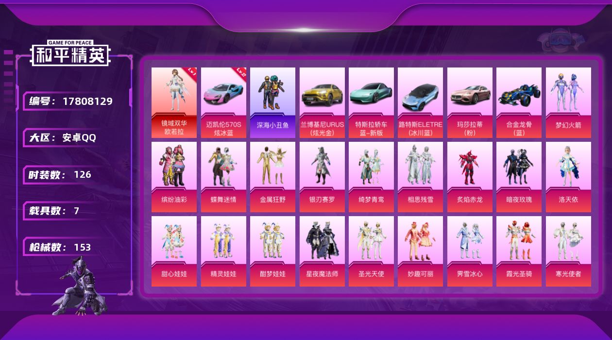 和平精英账号安卓QQ[17808129]可二次【特价出售/店主推荐】安卓 手Q-1神装-21粉装-8特效枪-7载具-7粉色飞行器-76003热力值-12王牌印记-126套装-153枪皮【红色载具】：迈凯伦570S（炫冰蓝