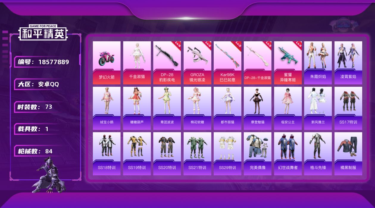 和平精英账号安卓QQ[18577889]时装数: 73 载具数: 1 枪械数: 84 战备数: 55 热门装扮: 千金淑