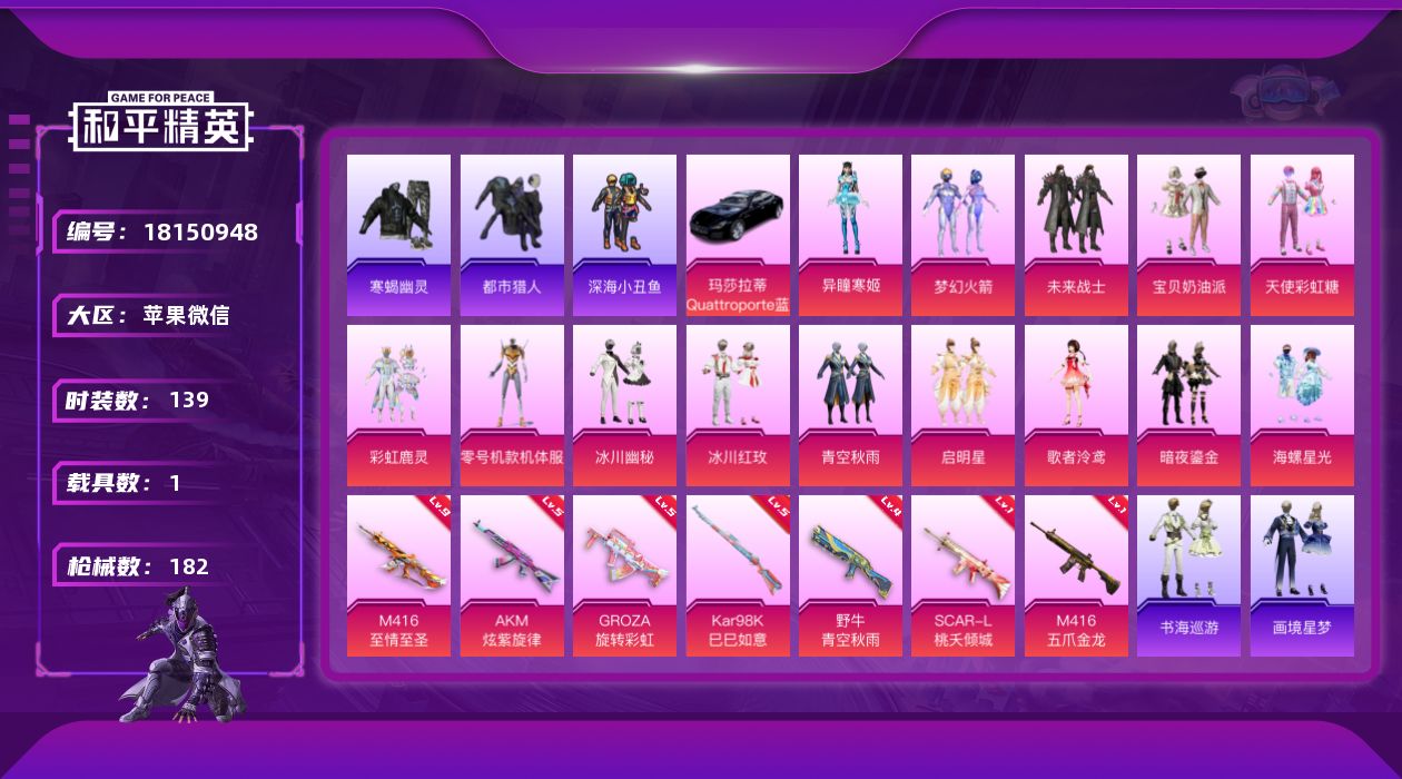 和平精英账号苹果微信[18150948]【特价出售/店主推荐】苹果 微信-14粉装-11特效枪-1载具-6粉色飞行器-65170热力值-15王牌印记-139套装-182枪皮
【热门品类】：粉装-梦幻火箭，套装-寒蝎幽灵，