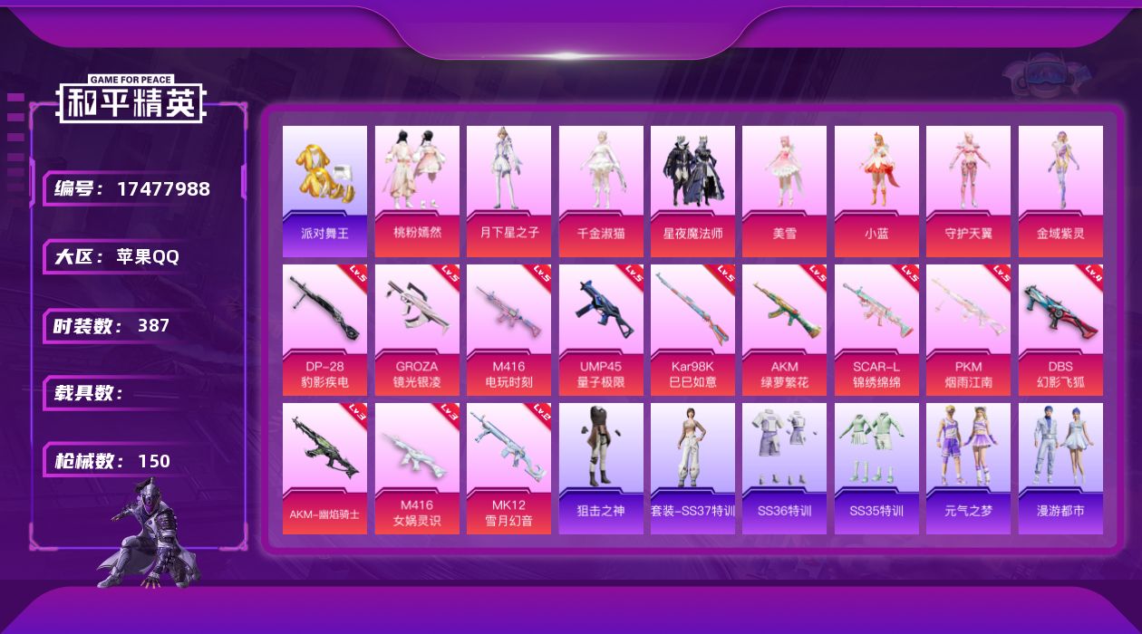 和平精英账号苹果QQ购买即可换绑，【精品号手慢无】苹果 手Q-8粉装-12特效枪-0载具-10粉色飞行器-53515热力