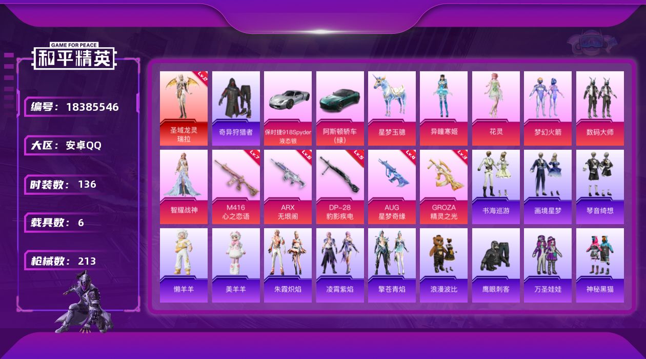 和平精英账号安卓QQ[18385546]【特价出售/店主推荐】安卓 手Q-1神装-5粉装-10特效枪-6载具-10粉色飞行器-75503热力值-7王牌印记-136套装-213枪皮【红色神装等级】：圣域龙灵-瑞拉(二级)【