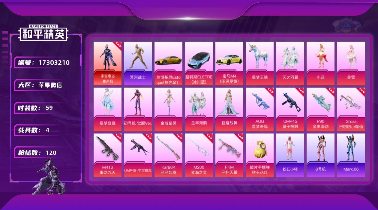 和平精英账号苹果微信[17303210]【特价出售/店主推荐】苹果 微信-1神装-8粉装-10特效枪-4载具-8粉色飞行器-47884热力值-7王牌印记-59套装-120枪皮
【红色神装等级】：宇宙意志-塞卢姆(二级)
