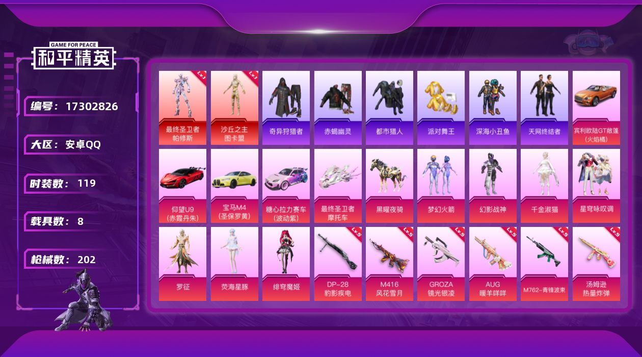 和平精英账号安卓QQ[17302826]穿越火线手游v8，王者荣耀V9【店主推荐捡漏号！可直接换绑】安卓 手Q-2神装-7粉装-19特效枪-8载具-11粉色飞行器-74923热力值-7王牌印记-119套装-202枪皮【红