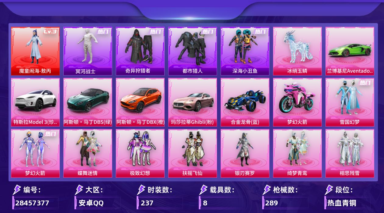 [28457377]安卓手Q-历史最高段位：无敌战神-1神装-10粉装-7特效枪-8载具-7粉色飞行器-107388热力值-28王牌印记-237套装-289枪皮
【红色神装等级】：魔童闹海-敖丙(三级)
【红色角色神装】：魔童闹海-敖丙
【热门品类】：粉装-雪国幻梦，粉装-梦幻火箭，套装-浪漫天命，套装-都市猎人，套装-冥河战士，套装-深海小丑鱼，套装-奇异狩猎者，套装-龟仙人，套装-潮萌小黄鸭，套装-暗影哥特，套装-浪漫波比
【粉色套装】：粉装-雪国幻梦，粉装-蝶舞迷情，粉装-梦幻火箭，粉装-极致幻想，粉装-扶摇飞仙，粉装-银刃赛罗，粉装-绮梦青鸾，粉装-相思残雪，粉装-馨动时刻，角色-圣堂之誓
【粉色枪皮等级】：AKM-绿萝繁花(五级)，M416-风花雪月(七级)，汤姆逊-热量炸弹(五级)，P90-魔童闹海 敖丙(三级)，Kar98K-巳巳如意(五级)，DP-28-豹影疾电(五级)，MG3-洛神天依(七级)
【粉色载具】：特斯拉Model 3（珍珠白），兰博基尼Aventador SVJ（翡翠绿），阿斯顿马丁DBS（绿），阿斯顿马丁DBX（橙），玛莎拉蒂Ghibli（粉），合金龙骨（蓝），双人摩托-梦幻火箭，冰绡玉鳞
【粉色枪皮】：AKM-绿萝繁花，M416-风花雪月，汤姆逊-热量炸弹，P90-魔童闹海 敖丙，Kar98K-巳巳如意，DP-28-豹影疾电，MG3-洛神天依
【粉色飞行器】：炫彩糖果飞行器，梦幻火箭飞行器，终极赛罗飞行器，绮梦青鸾飞行器，相思残雪飞行器，灵珠游龙飞行器
【粉色降落伞】：粉色回忆降落伞，梦幻火箭降落伞，繁花小夜曲降落伞，心之恋语降落伞，银刃赛罗降落伞，绮梦青鸾降落伞，相思残雪降落伞，怪笑疯兔降落伞，洛神天依降落伞，橘柚倾心降落伞，圣堂之誓降落伞，幻彩电音降落伞，魔童闹海 敖丙降落伞，异瞳寒姬降落伞，极意拳锋降落伞，炫彩糖果降落伞
【稀有套装】：套装-龟仙人，套装-雪国风尚，套装-炫彩糖果，套装-冰河战士，套装-香桃花海，套装-星影赞美诗，套装-彩虹兔，套装-云朵鹅，套装-雪绒豹，角色-时希公主，套装-朱霞炽焰，套装-凌霄紫焰，套装-擎苍青焰，玩偶服-懒羊羊，角色-紫俏灵猫，套装-风纪星徽，套装-薄荷书签
【稀有枪皮】：AUG-冰晶雪宝，AKM-夜灯，AKM-彩虹符号，AKM-影袭，AKM-春暖花开，AKM-萌趣颜团子，AKM-霓虹街区，AKM-龙的传人
