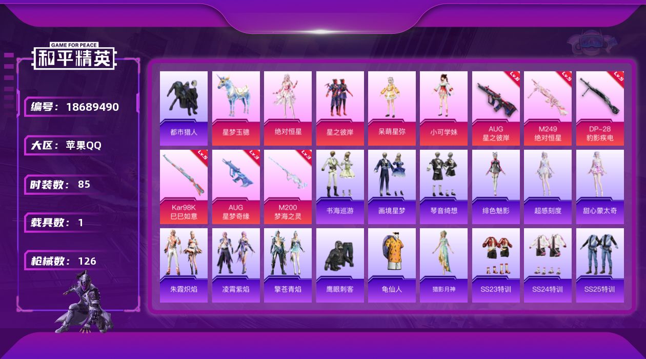 和平精英账号苹果QQ[18689490]苹果 手Q-4粉装-8特效枪-1载具-4粉色飞行器-39389热力值-6王牌印记-85套装-126枪皮
【热门品类】：套装-都市猎人，套装-龟仙人
【粉色套装】：角色-绝对恒星，粉