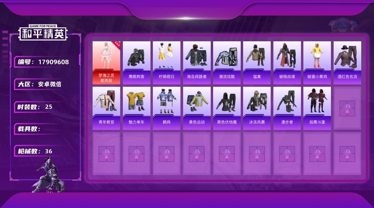 和平精英账号安卓微信[17909608]安卓 微信-1神装-0粉装-1特效枪-0载具-0粉色飞行器-8502热力值-1王牌印记-25套装-36枪皮【红色神装等级】：梦海之灵-妮芮妲(一级)【红色角色神装】：梦海之灵-妮芮