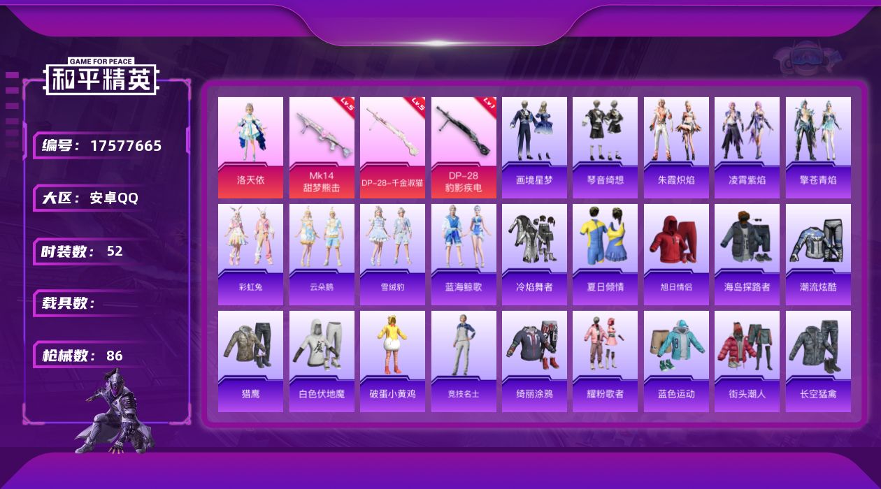 和平精英账号安卓QQ[17577665]安卓 手Q-1粉装-6特效枪-0载具-1粉色飞行器-21797热力值-1王牌印记-52套装-86枪皮
【粉色套装】：角色-洛天依
【粉色枪皮等级】：AKS-74U-森灵之息(五级)