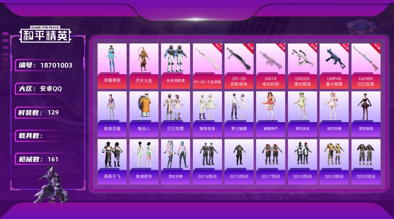 和平精英账号安卓QQ[18701003]安卓 手Q-3粉装-6特效枪-0载具-1粉色飞行器-46500热力值-14王牌印记-129套装-161枪皮
【热门品类】：套装-龟仙人
【粉色套装】：粉装-齐天大圣，粉装-未来领航