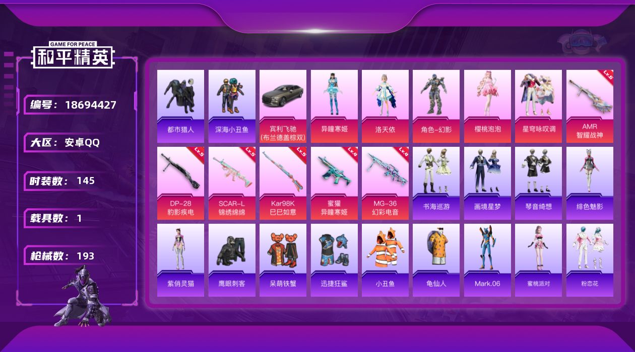 和平精英账号安卓QQ[18694427]安卓 手Q-5粉装-7特效枪-1载具-2粉色飞行器-56586热力值-9王牌印记-145套装-193枪皮
【热门品类】：套装-都市猎人，套装-深海小丑鱼，套装-小丑鱼，套装-龟仙人