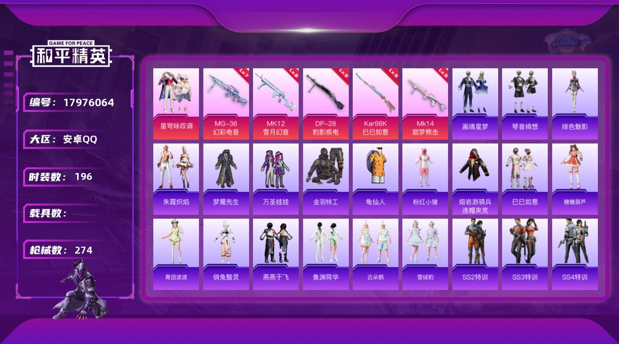 和平精英账号安卓QQ[17976064]绝世印记1 【特价出售/店主推荐】安卓 手Q-3粉装-8特效枪-1粉色飞行器-76396热力值-15王牌印记-196套装-274枪皮【热门品类】：套装-金羽特工，套装-龟仙人，套装