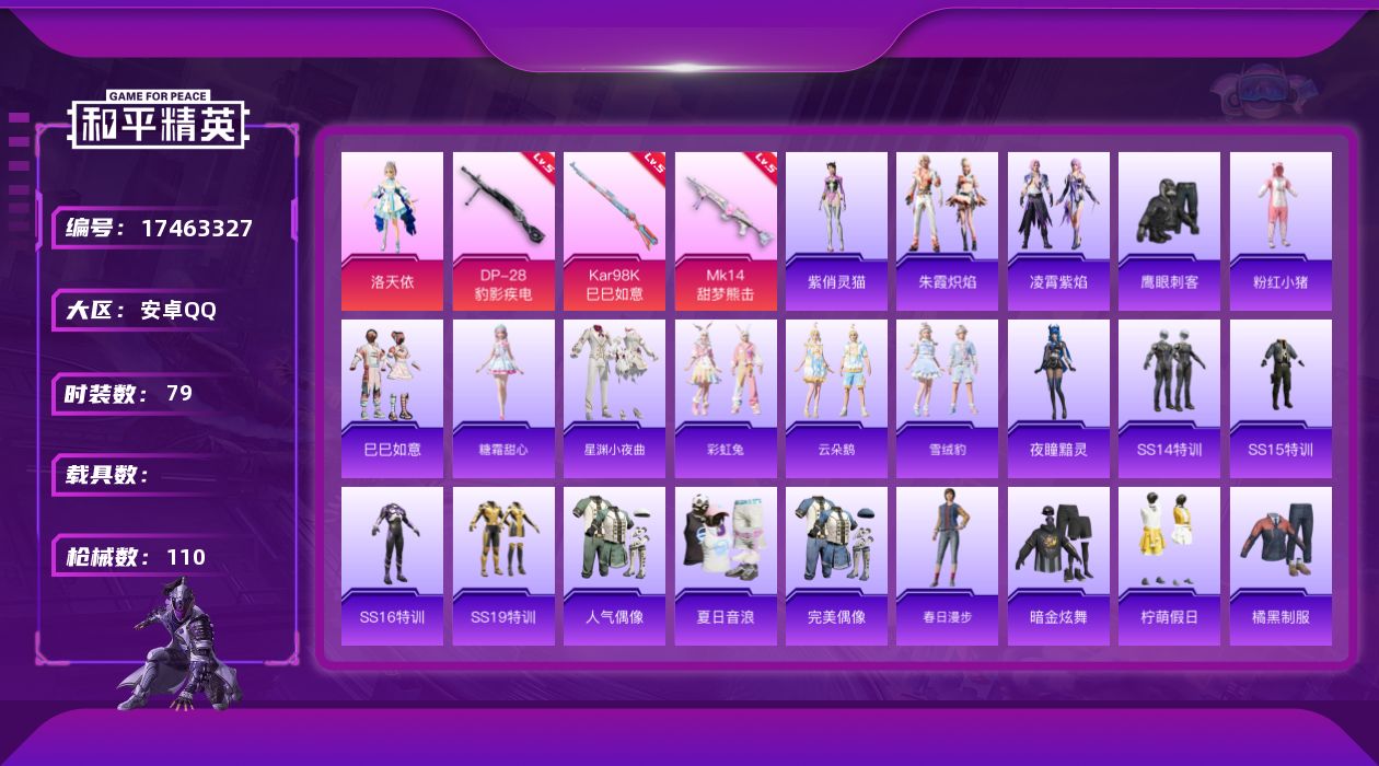 和平精英账号安卓QQ[17463327]安卓 手Q-1粉装-5特效枪-0载具-0粉色飞行器-28065热力值-3王牌印记-79套装-110枪皮
【热门品类】：套装-粉红小猪
【粉色套装】：角色-洛天依
【粉色枪皮等级】：