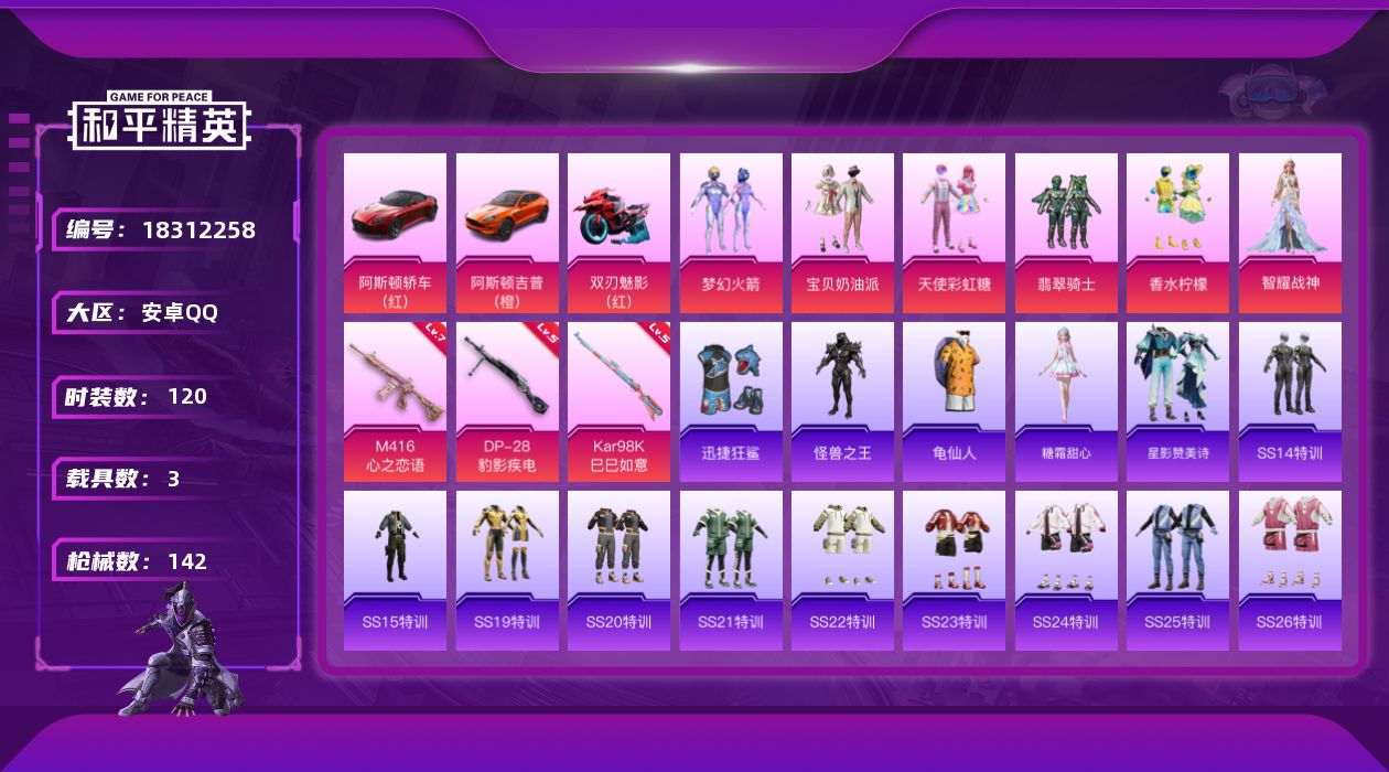 和平精英账号安卓QQ[18312258]【特价出售/店主推荐】
安卓 手Q-6粉装-5特效枪-3载具-3粉色飞行器-52206热力值-13王牌印记-120套装-142枪皮【热门品类】：粉装-梦幻火箭，套装-龟仙人【粉色套