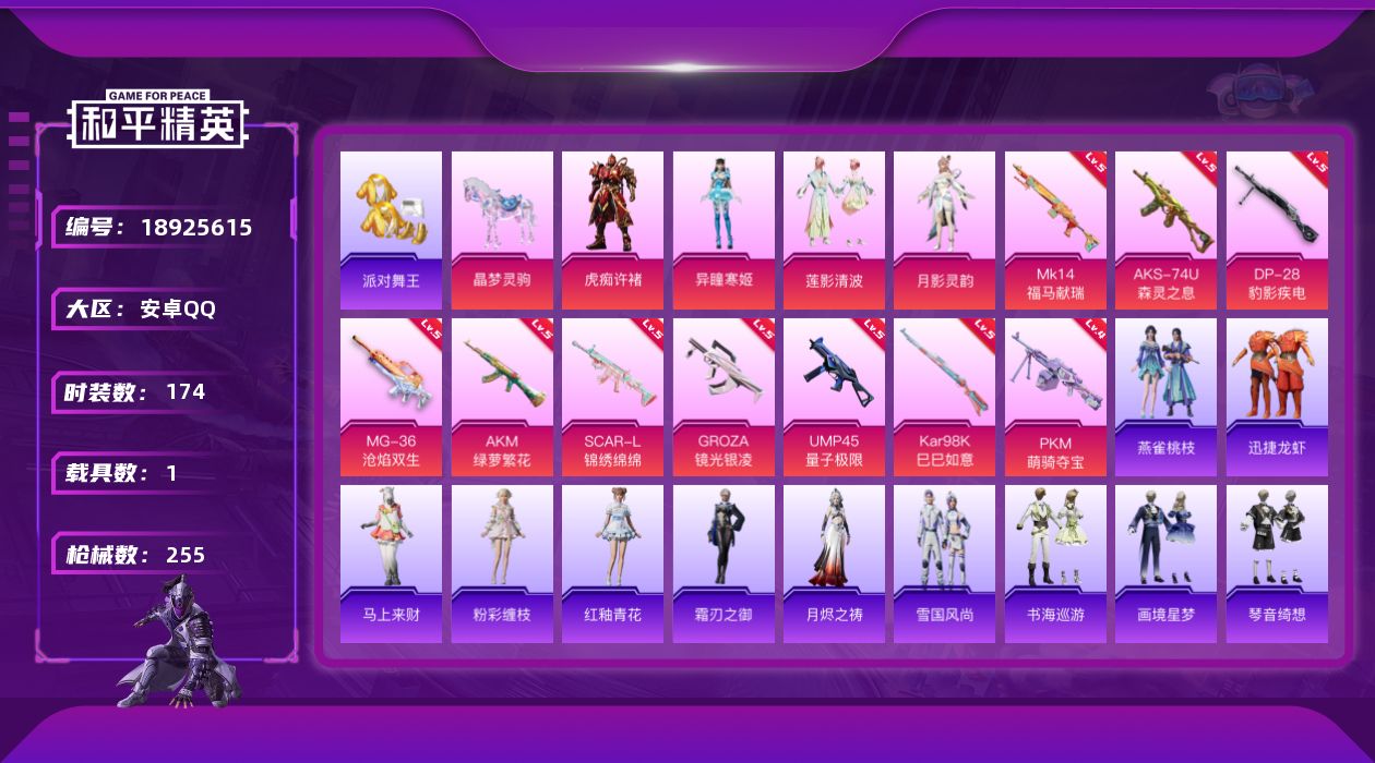 和平精英账号安卓QQ[18925615]安卓 手Q-4粉装-10特效枪-1载具-4粉色飞行器-75901热力值-18王牌印记-174套装-255枪皮
【热门品类】：套装-派对舞王，套装-龟仙人，角色-8号机，角色-Mar