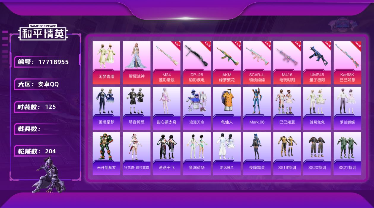 和平精英账号安卓QQ[17718955]安卓 手Q-3粉装-9特效枪-0载具-1粉色飞行器-56175热力值-12王牌印记-125套装-204枪皮
【热门品类】：套装-浪漫天命，套装-龟仙人，角色-Mark.06
【粉色