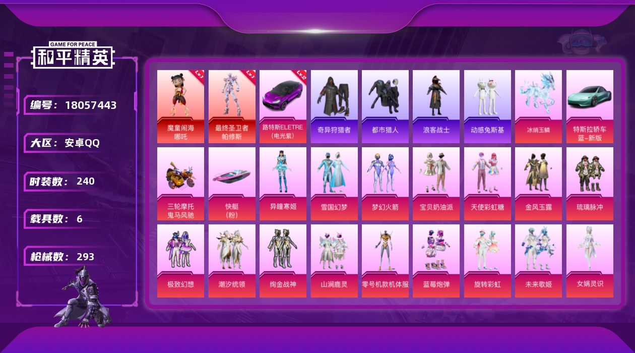 和平精英账号安卓QQ[18057443]【特价出售/店主推荐】安卓 手Q-2神装-17粉装-10特效枪-6载具-9粉色飞行器-117845热力值-20王牌印记-240套装-293枪皮
【红色载具】：路特斯ELETRE（电