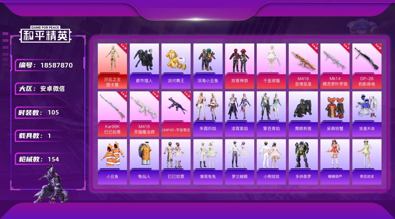 和平精英账号安卓微信[18587870]粉装6/粉枪11/载具1/珍稀飞行器130181,130245,87700,103466,103440,123358,126488,130613/套装105/枪皮154/热力值57