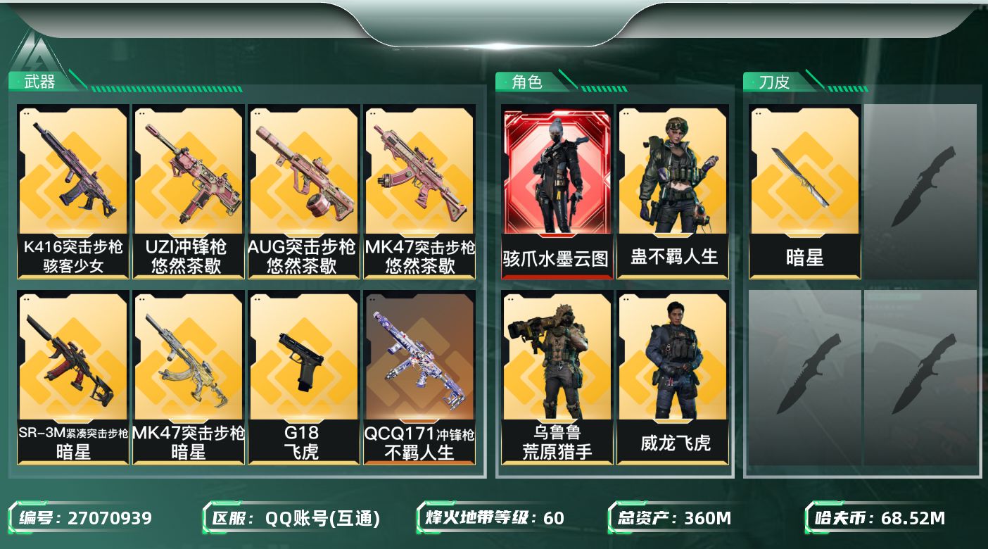 三角洲行动账号QQ【7927】360m总资产-68527k哈夫币-60烽火等级-铂金-15战场等级-列兵
【干员外观】