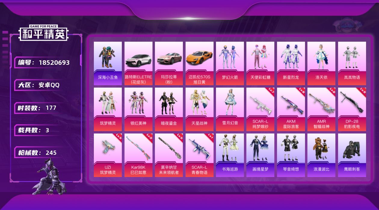 和平精英账号安卓QQ[18520693]安卓 手Q-10粉装-10特效枪-3载具-4粉色飞行器-91890热力值-12王牌印记-177套装-245枪皮
【热门品类】：粉装-梦幻火箭，套装-浪漫天命，套装-深海小丑鱼，套装