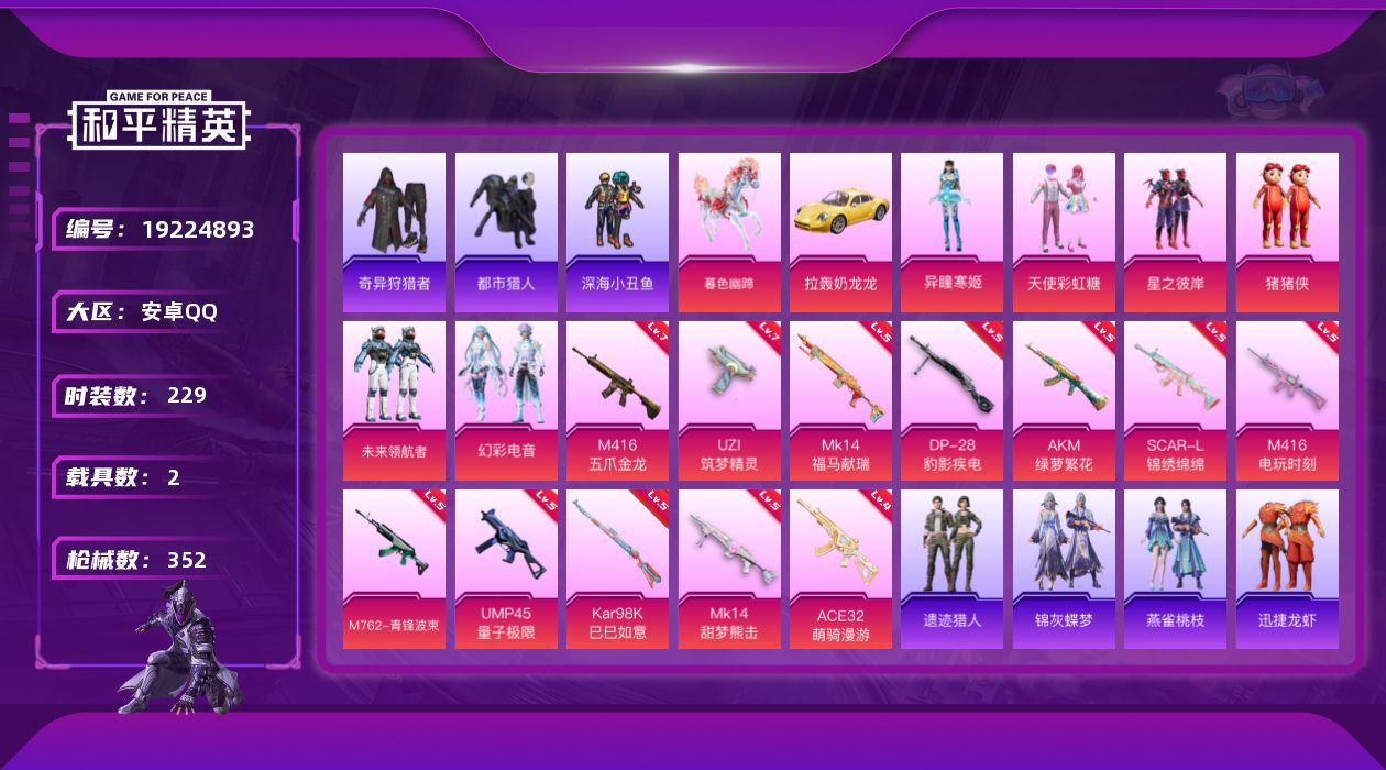 和平精英账号安卓QQ[19224893]安卓 手Q-6粉装-12特效枪-2载具-6粉色飞行器-106191热力值-22王牌印记-229套装-352枪皮
【热门品类】：套装-都市猎人，套装-深海小丑鱼，套装-奇异狩猎者，套