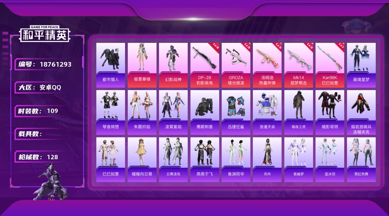 和平精英账号安卓QQ[18761293]安卓 手Q-3粉装-7特效枪-0载具-2粉色飞行器-38644热力值-6王牌印记-109套装-128枪皮
【热门品类】：套装-浪漫天命，套装-都市猎人，套装-暗夜之虎，套装-暗影哥